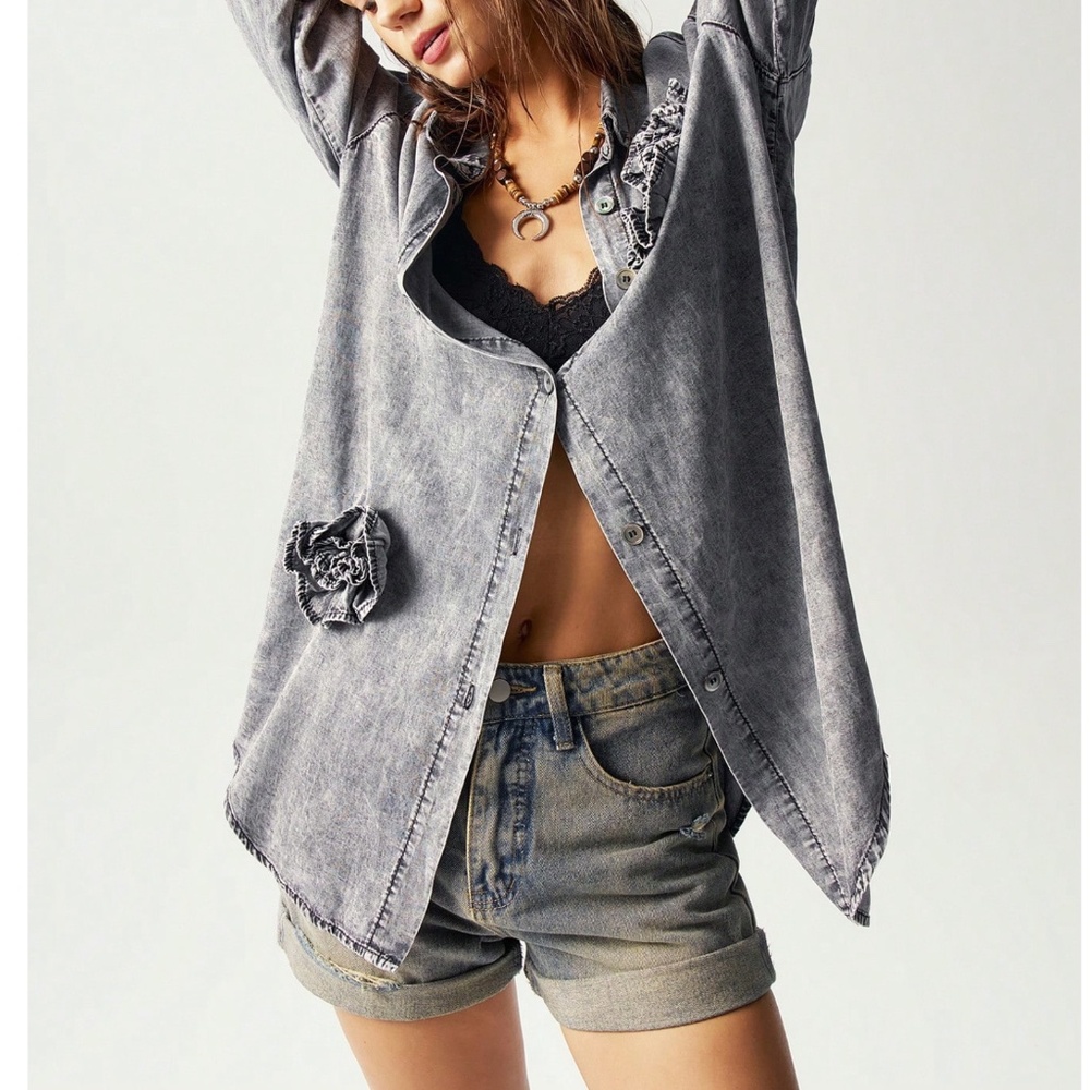 Mineral Wash Floral Applique Button Down Oversized Shirt - Picture 5 of 7